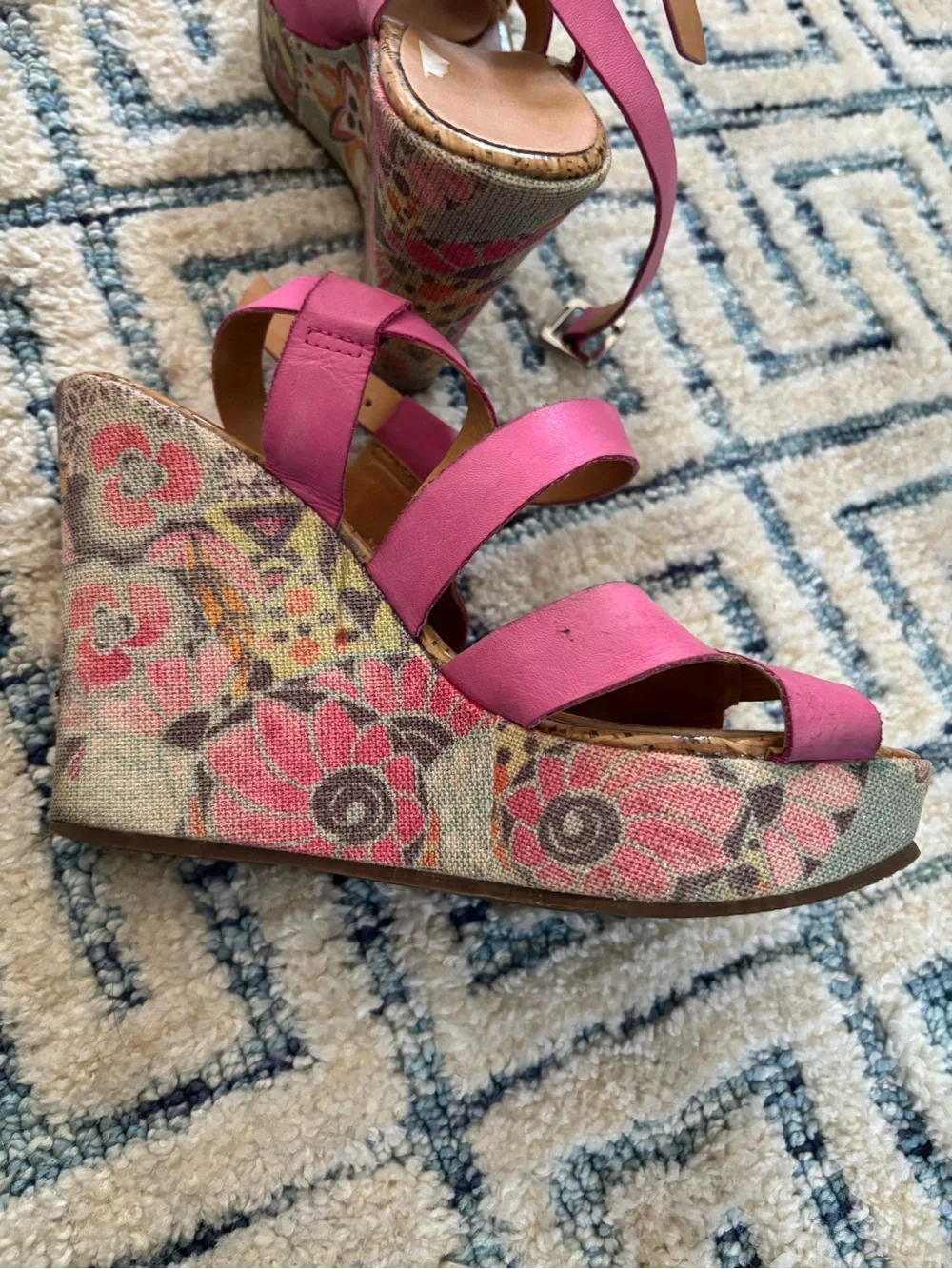 Women's Pink Leather Wedge Sandals with bridal design on wedge heel
